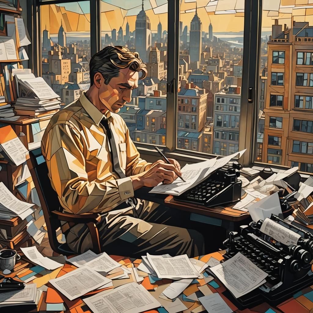 Cubist Writer at Typewriter with Infinite Poetry