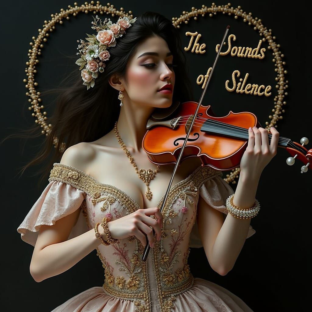 Elegant Woman Plays Beaded Violin in Ornate Baroque-Inspired...