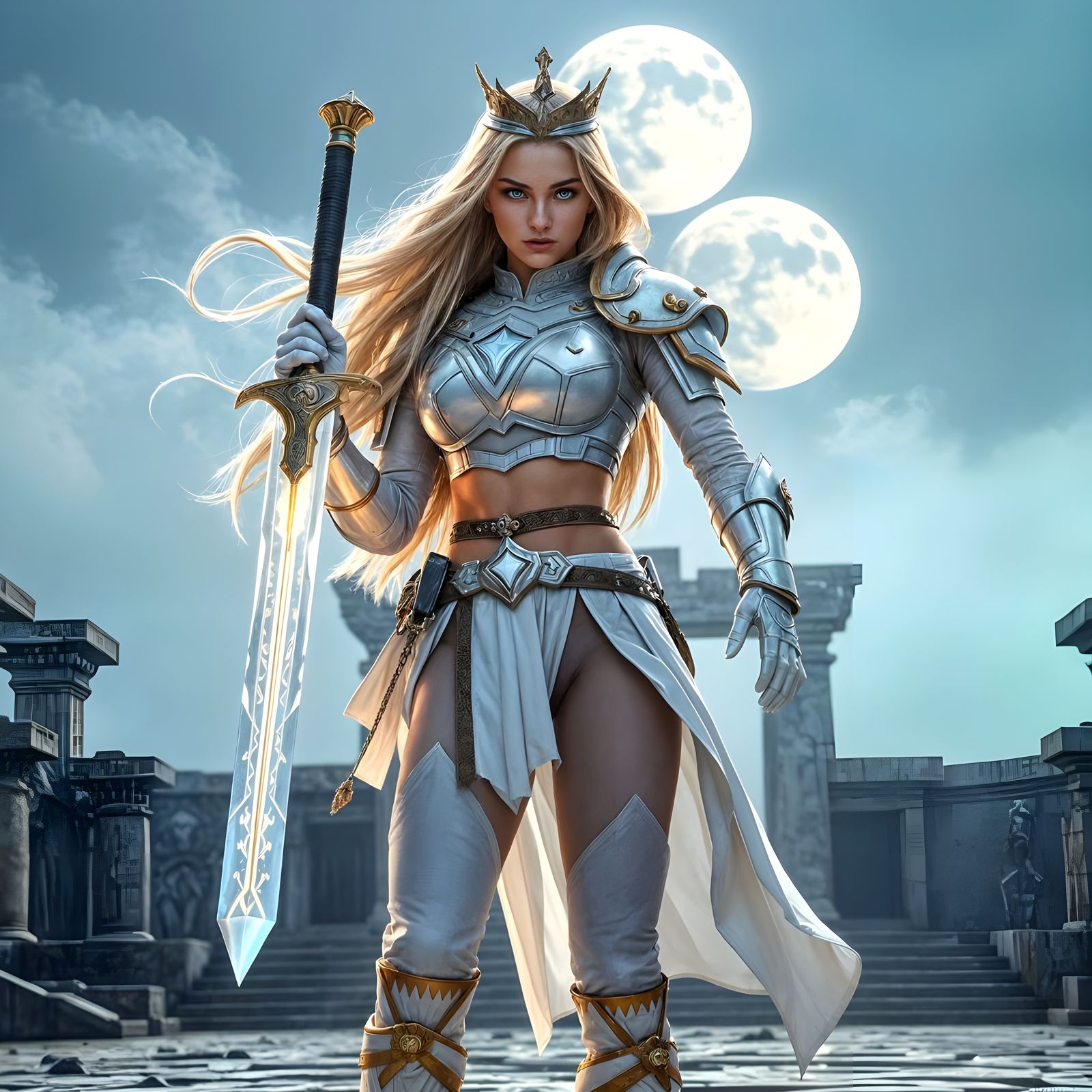 Elegant Warrior Maiden in Cyberpunk Armor