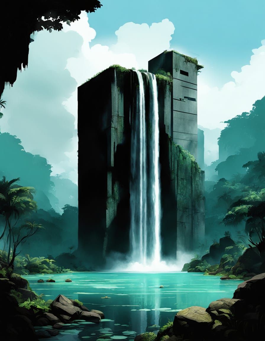 Brutalist Monolith in Prehistoric Jungle Scene