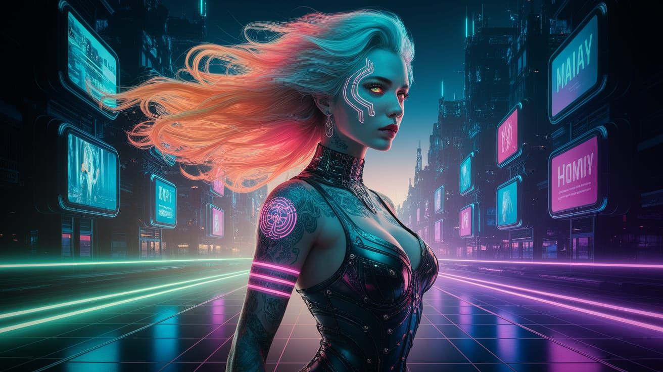 Cyberpunk Goddess with Bioluminescent Hair in Neon Cityscape