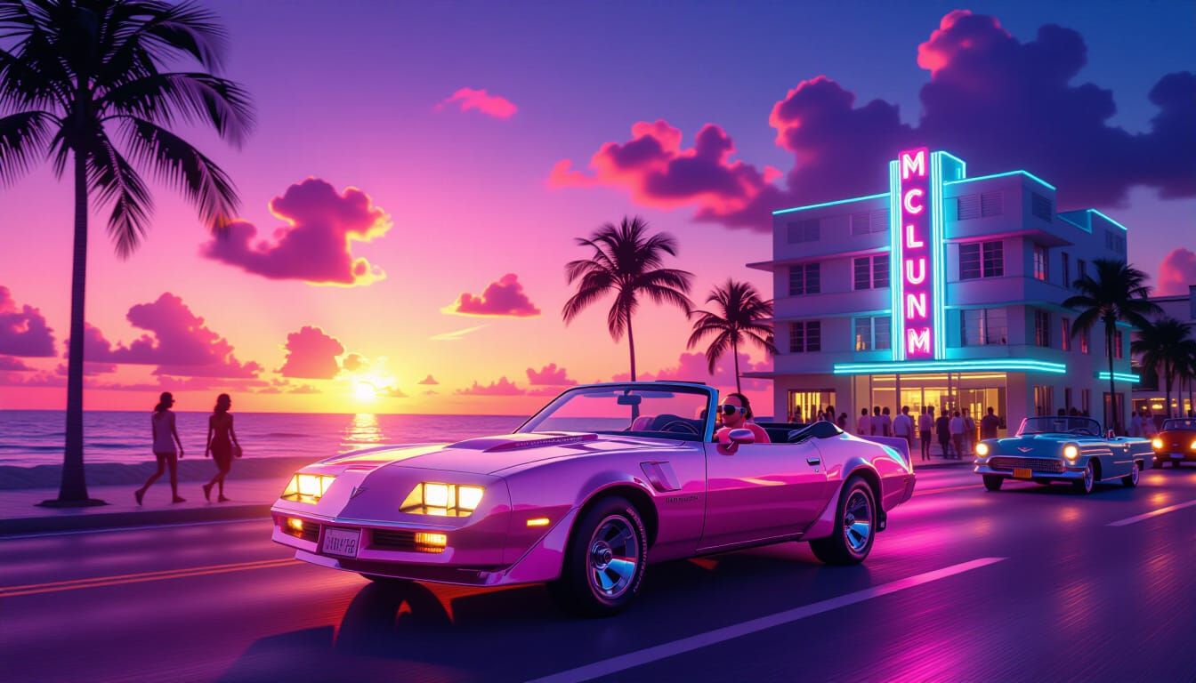 Neon Pink Sports Car Speeds Down Ocean Drive at Sunset