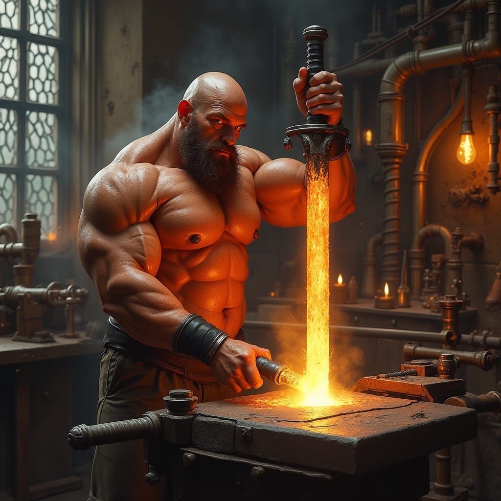 Hyper-Muscular Steampunk Blacksmith Forging a Sword