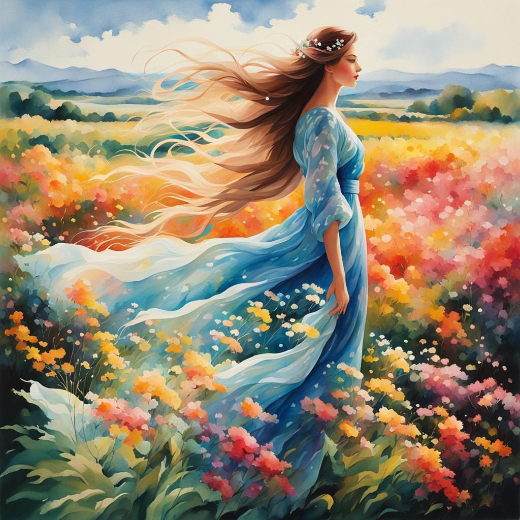 Ethereal Woman in Windswept Watercolor Landscape