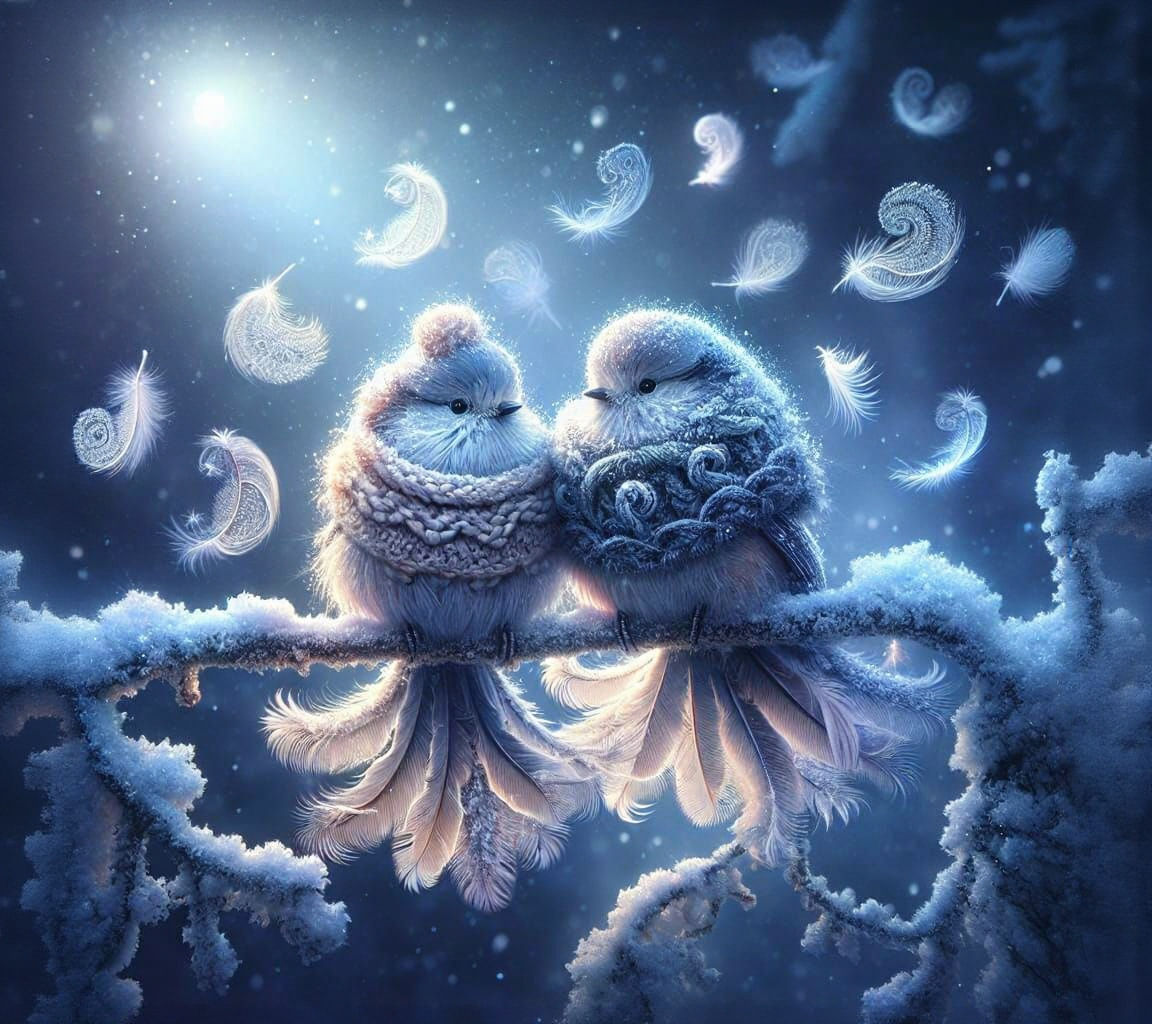 Fluffy Birds in Winter Wonderland
