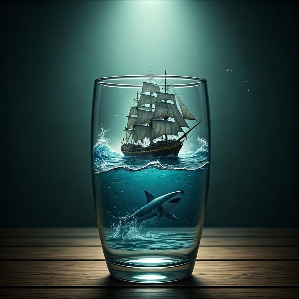 Pirate Ship in Glass of Water, Hyperrealistic