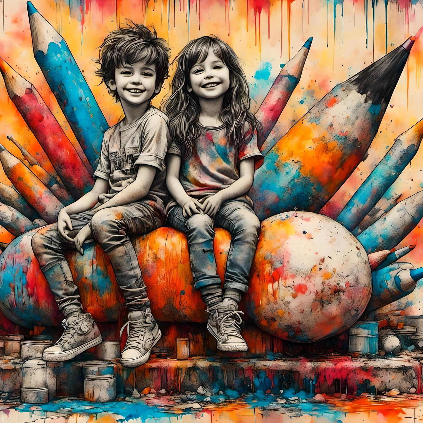 Children on Giant Pencil in Mixed Media Art