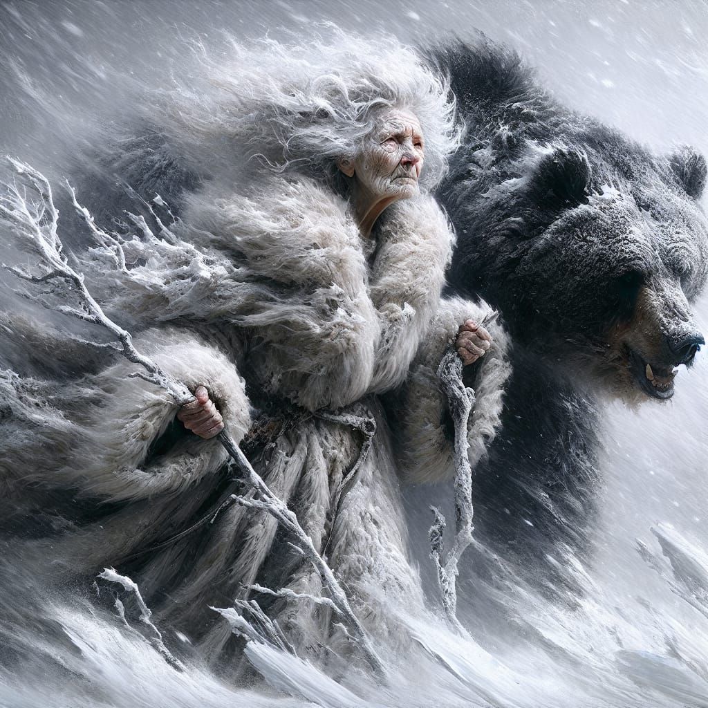 Elderly Woman and Bear in Snowy Wilderness