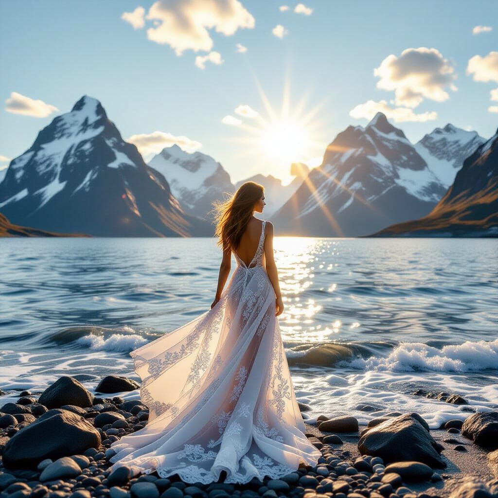 Ocean View Woman in Snow Mountain Landscape