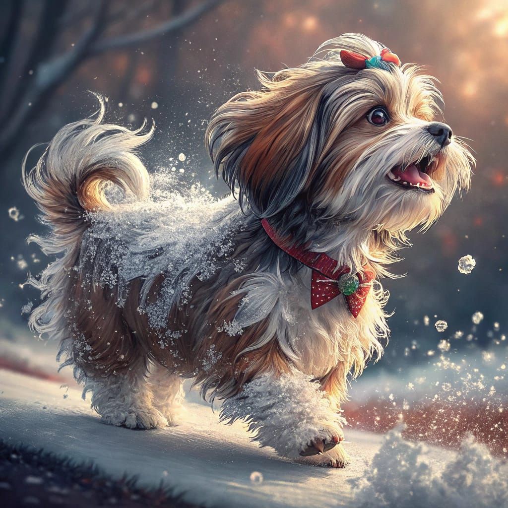 Icy Havanese Puppy with Bow in Digital Art