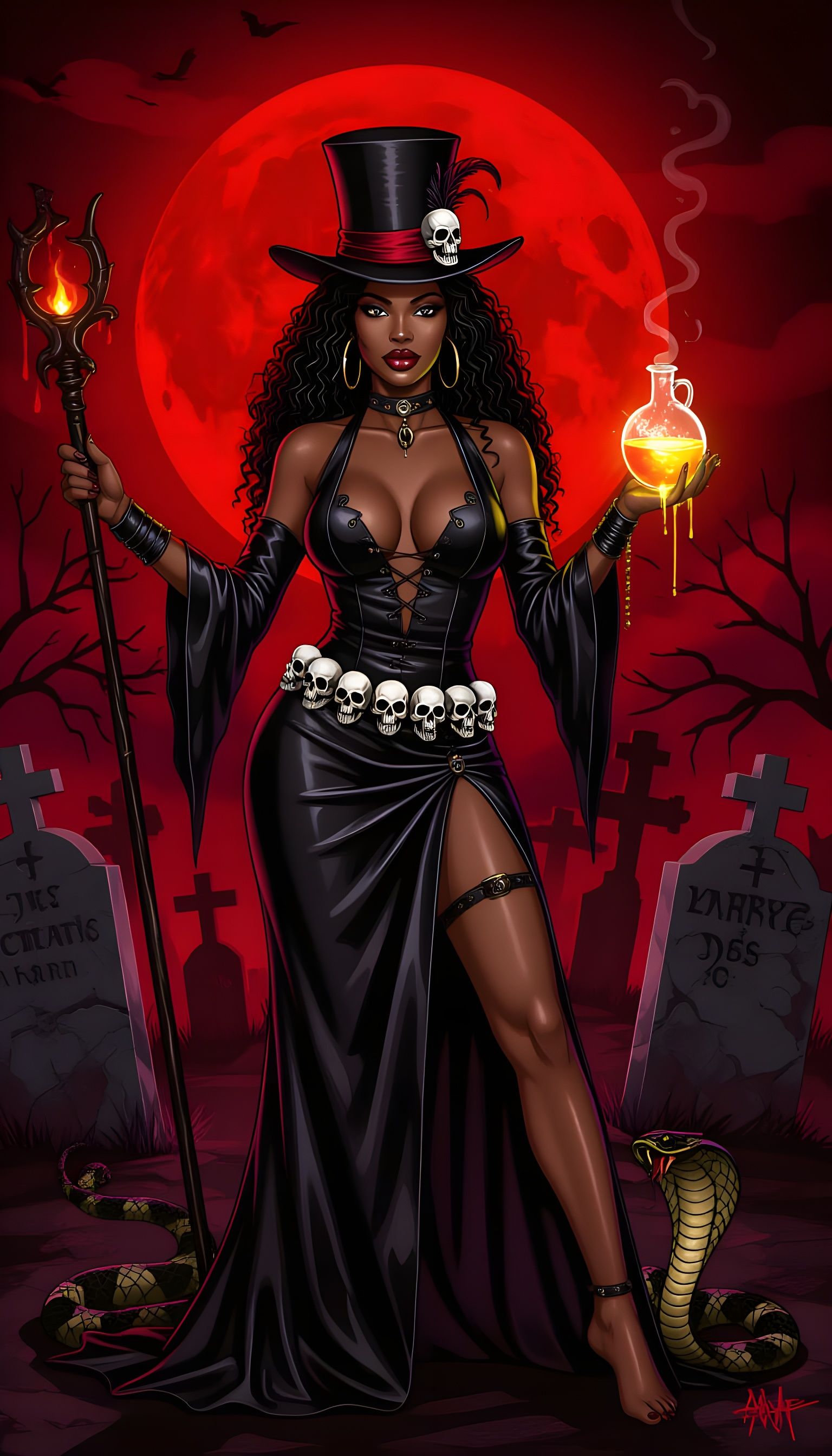 Voodoo Priestess with Glowing Potion Under Blood Moon