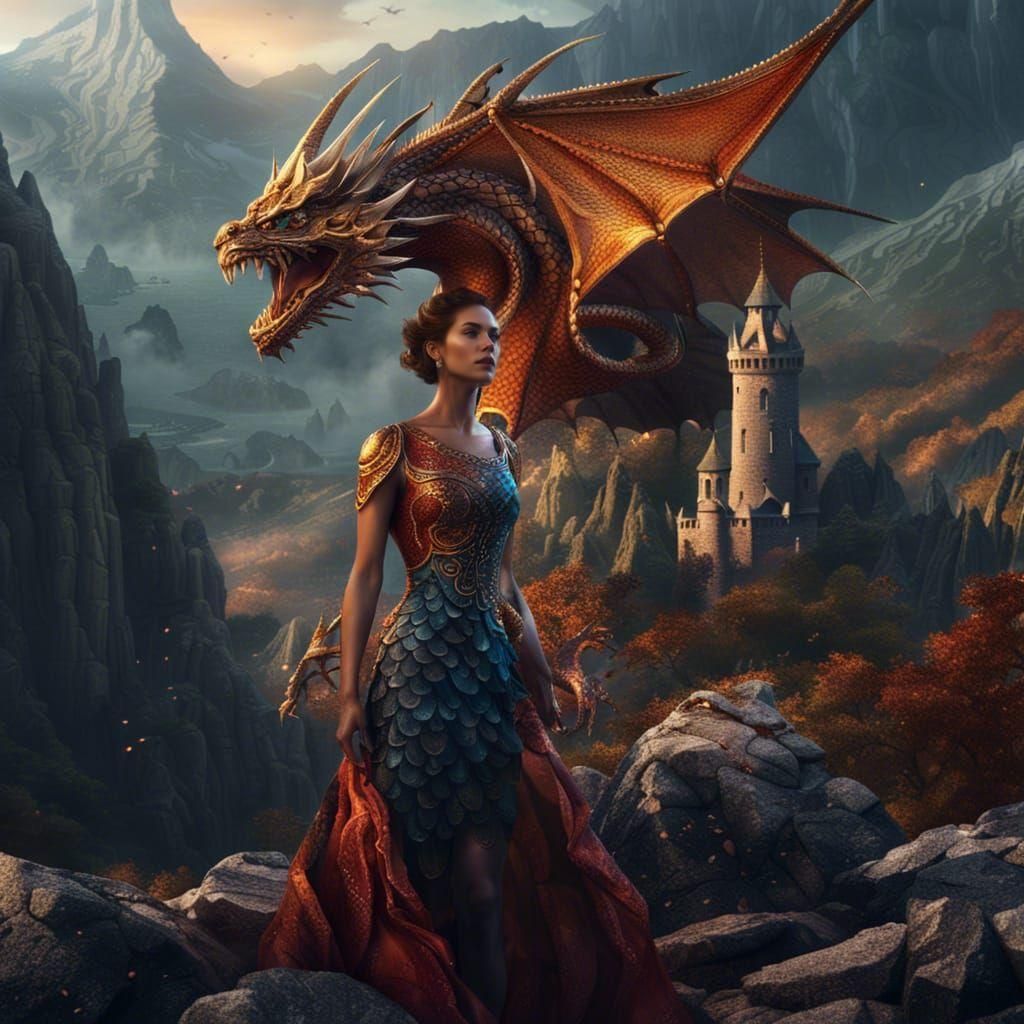 Amber Dragon Scale Dress Before Majestic Mountains