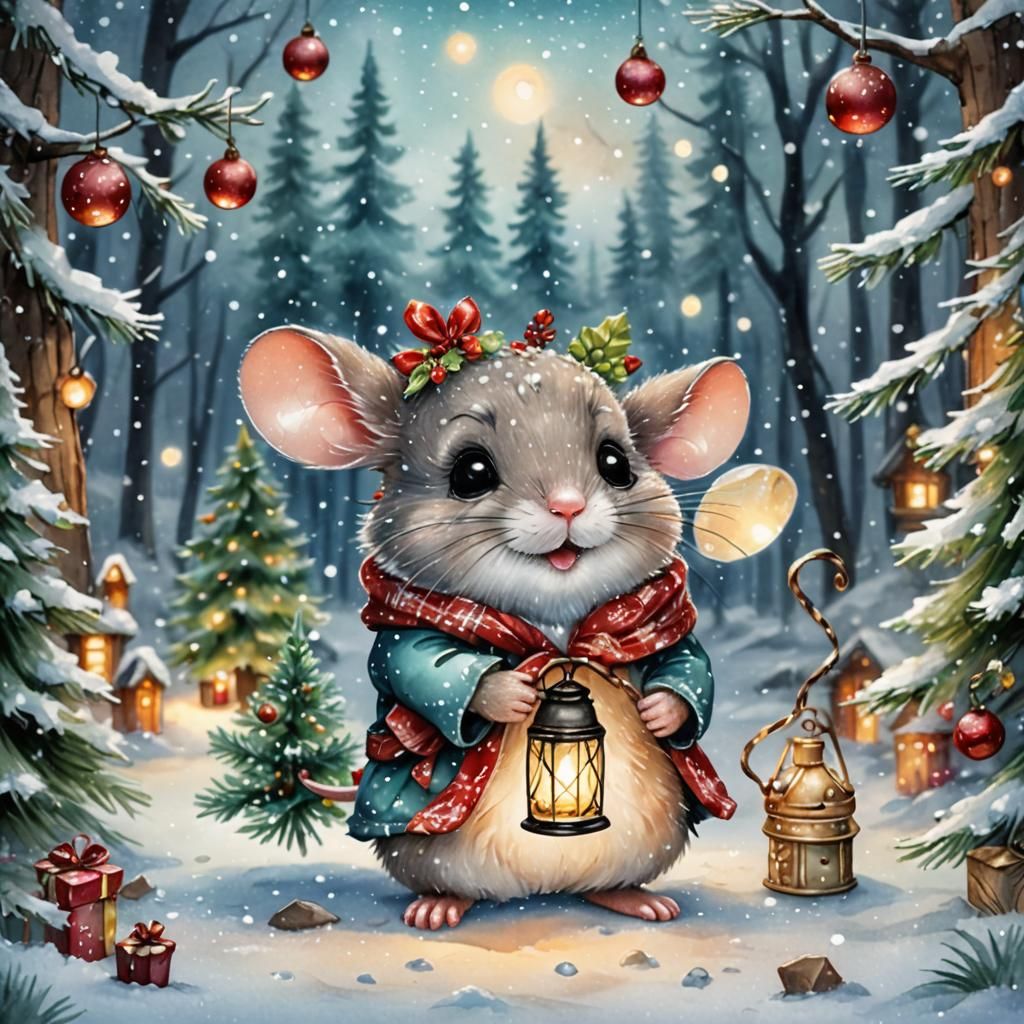 Adorable Christmas Mouse in Snowy Forest, Watercolor Style