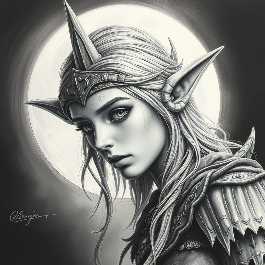 Ethereal Moon Elf in Charcoal Drawing