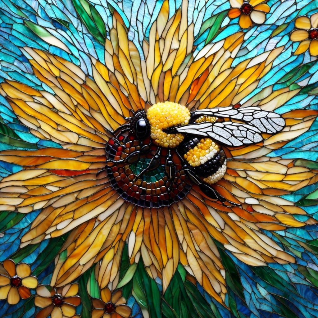 Bumblebee and Sunflower in Stained Glass Mosaic