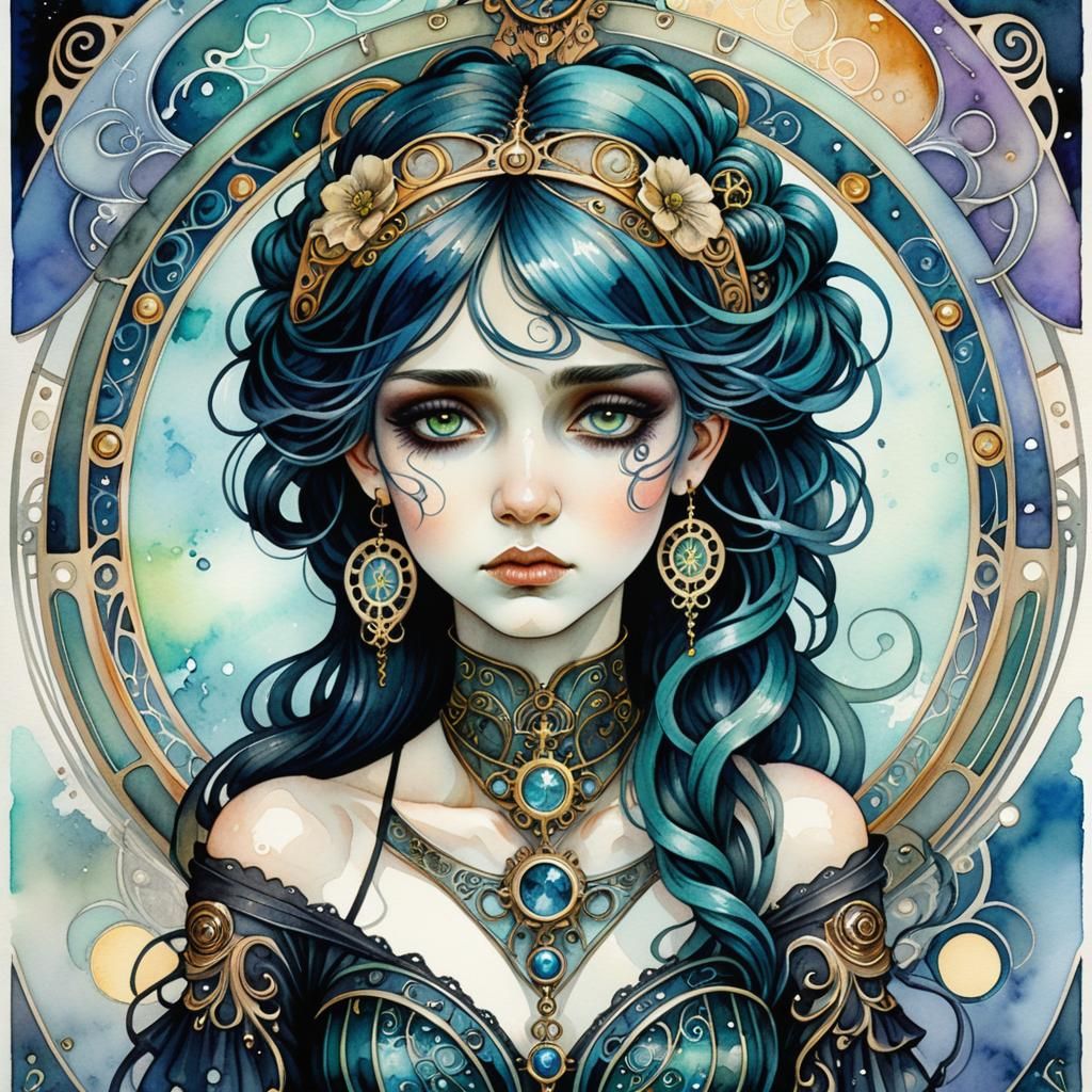 Mournful Emo Goddess in Art Nouveau Watercolor