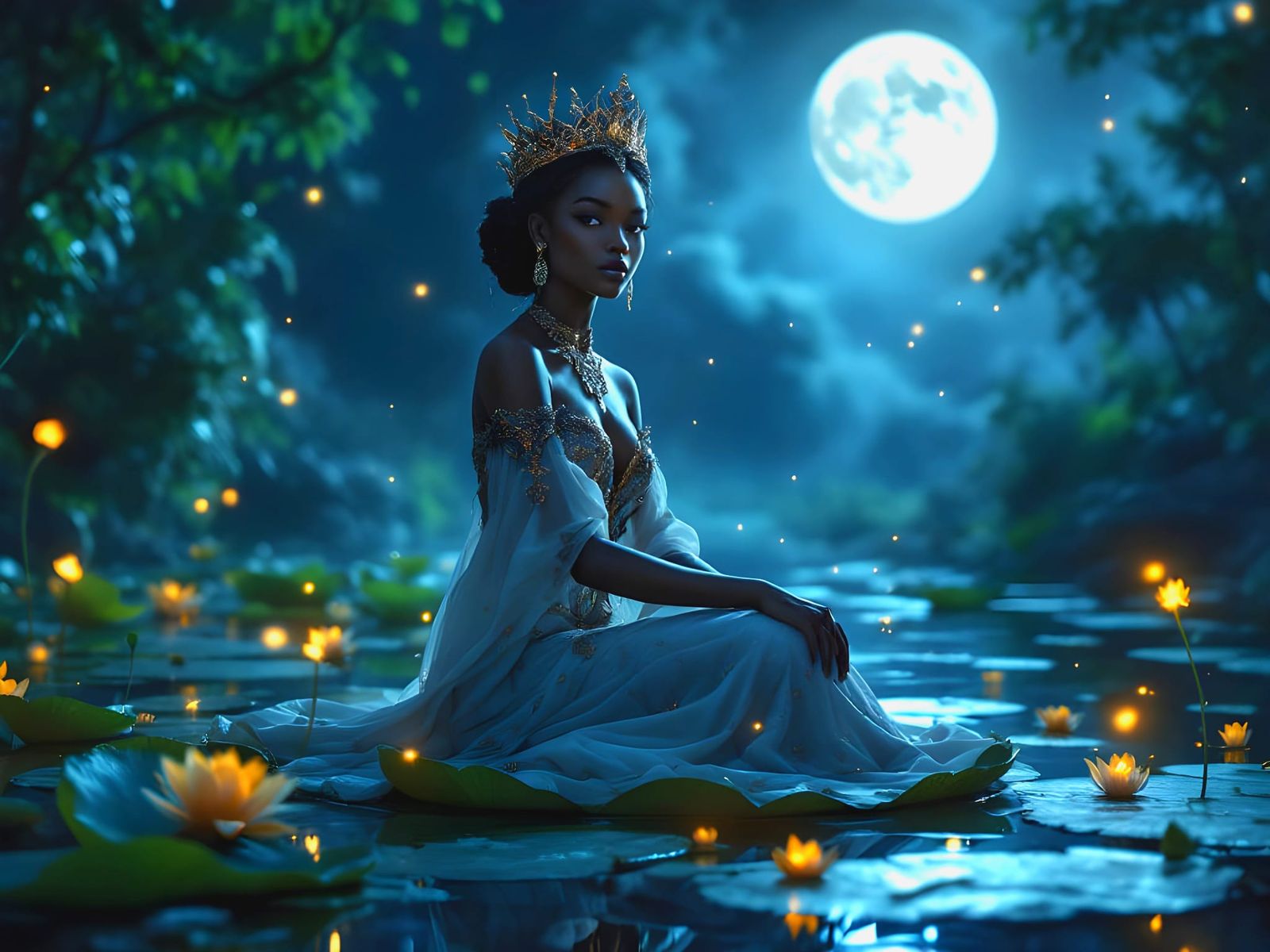 Dark Skinned Princess on Lily Pad at Night