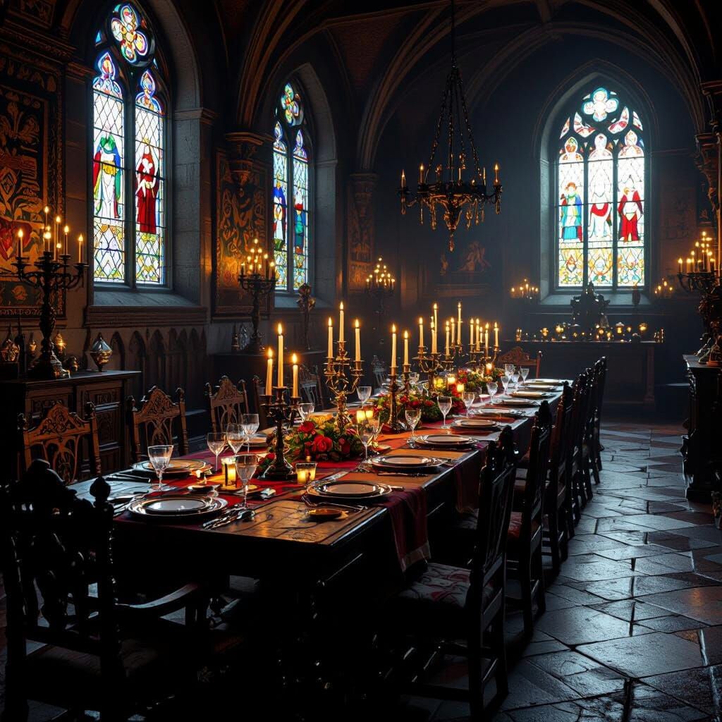 Medieval Feast Hall Illuminated by Candlelight and Stained G...