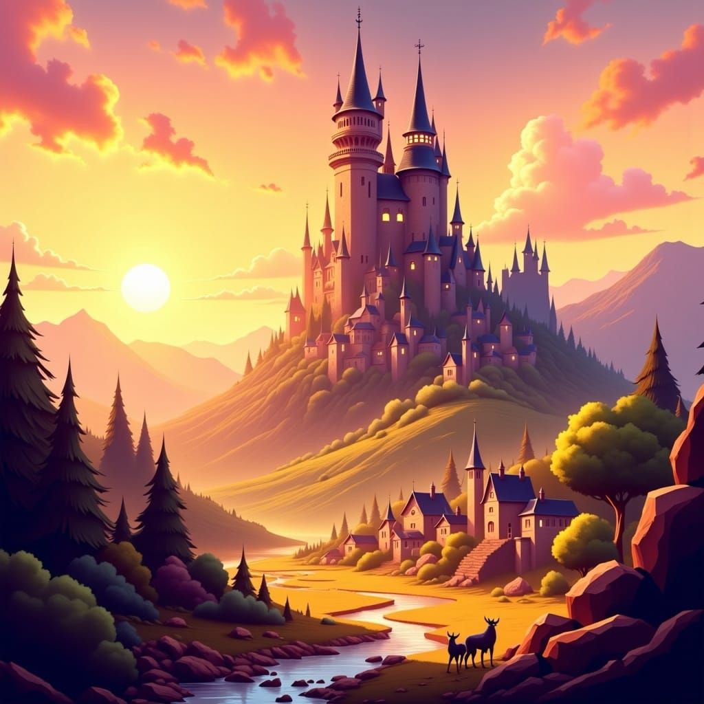 Fantasy Wizard Tower in Valley Sunset, Vector Art
