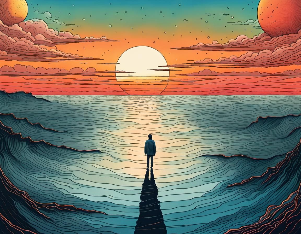 Surreal Vast Space: Lonely Walker at Sunset