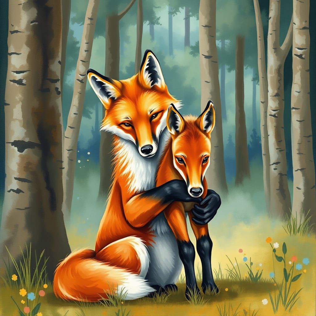 Fox and Foal in Whimsical Forest Scene