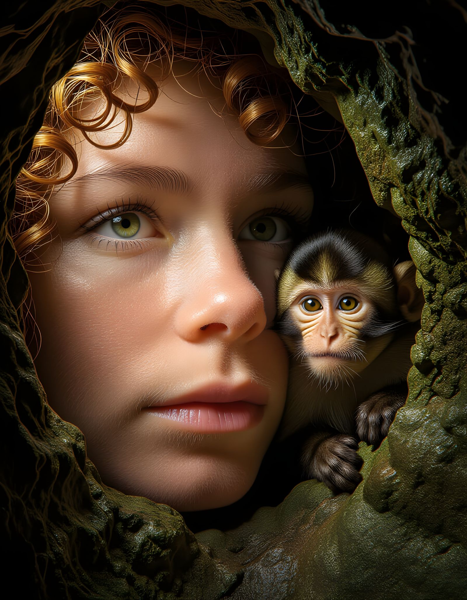 Macro View of Female Nostril with Monkey in Jungle Cave