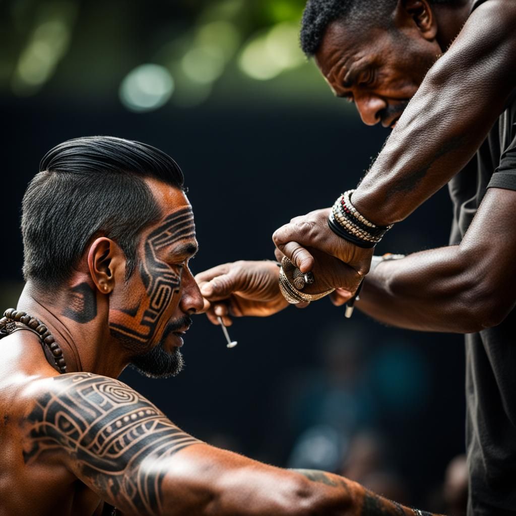 Man Getting Traditional Maori Tattoo: Professional Photograp...