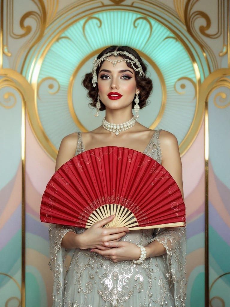 Elegant Flapper in Art Deco Style with Red Fan