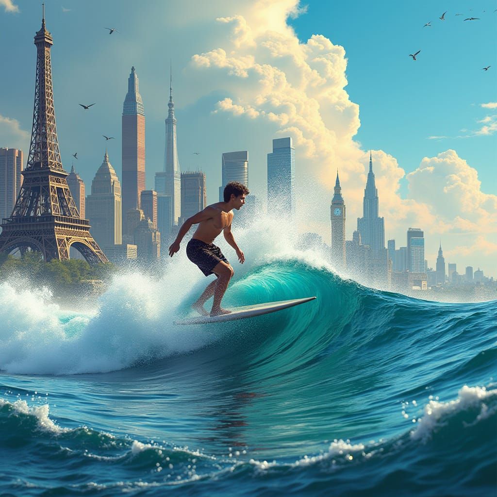 Surfer Conquers Cityscapes with Shark Infested Waves