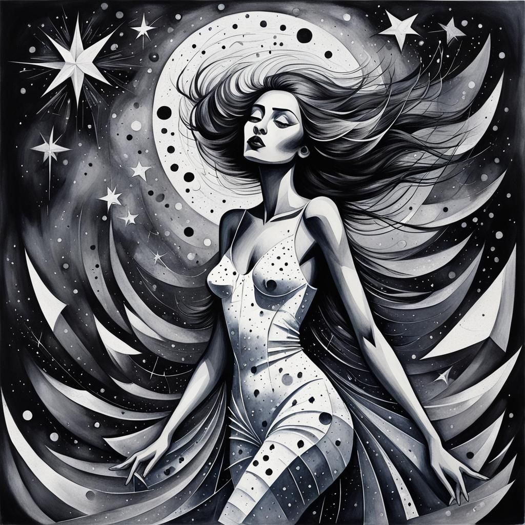 Abstract Cubist Woman in Starry Watercolor