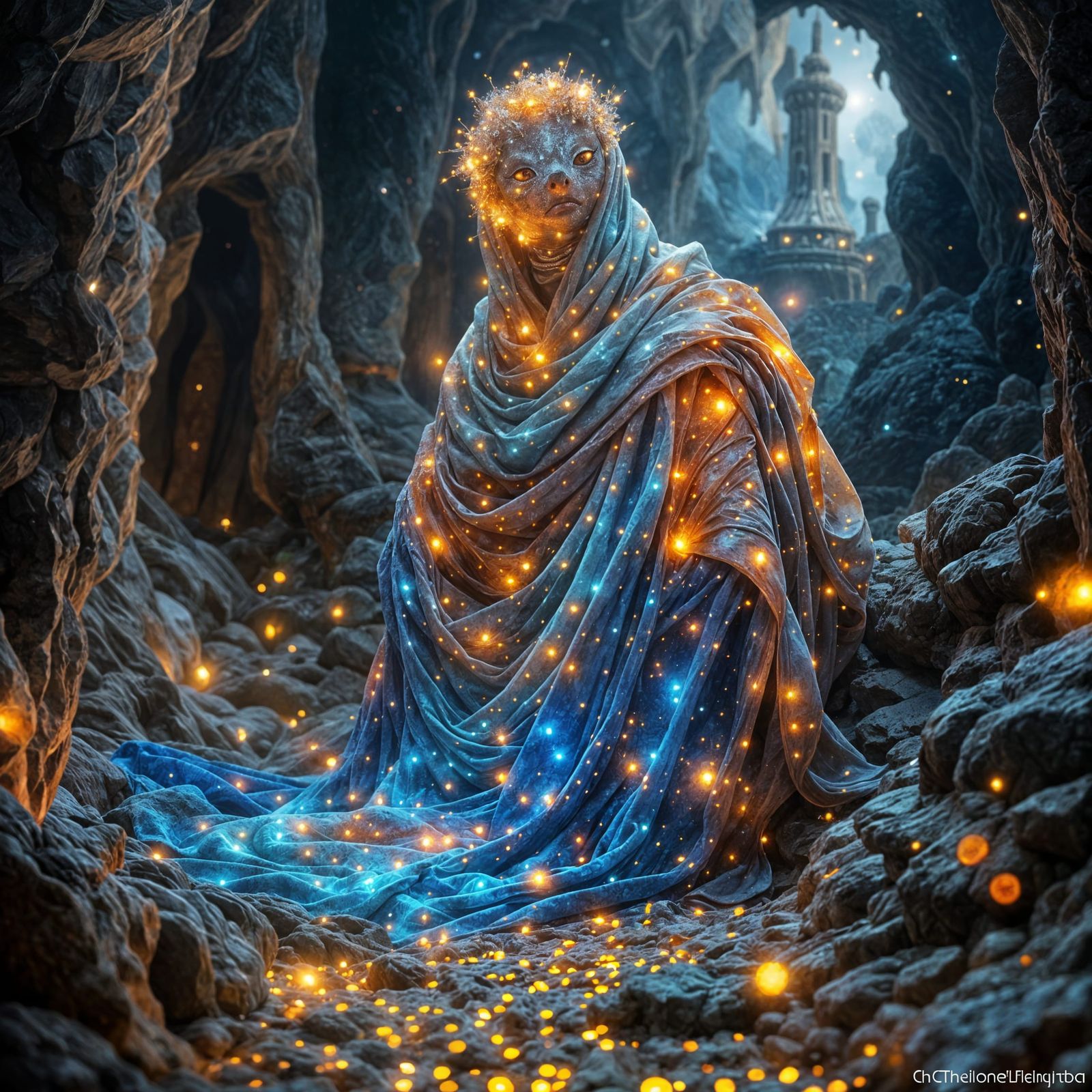 Alien Fireagate Speleothem Draped in Sparklecloth with Fairy...