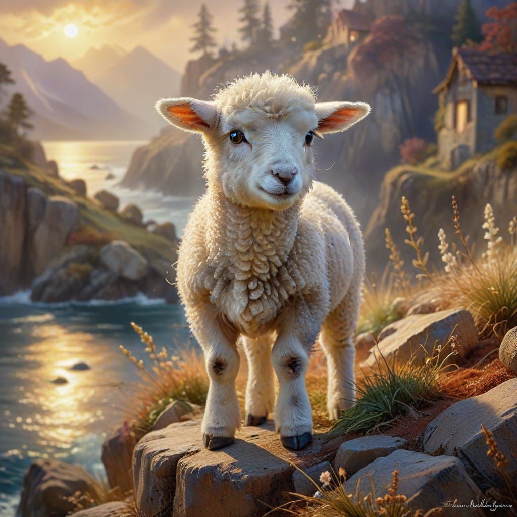 Dreamy Watercolor Lamb on Misty Island