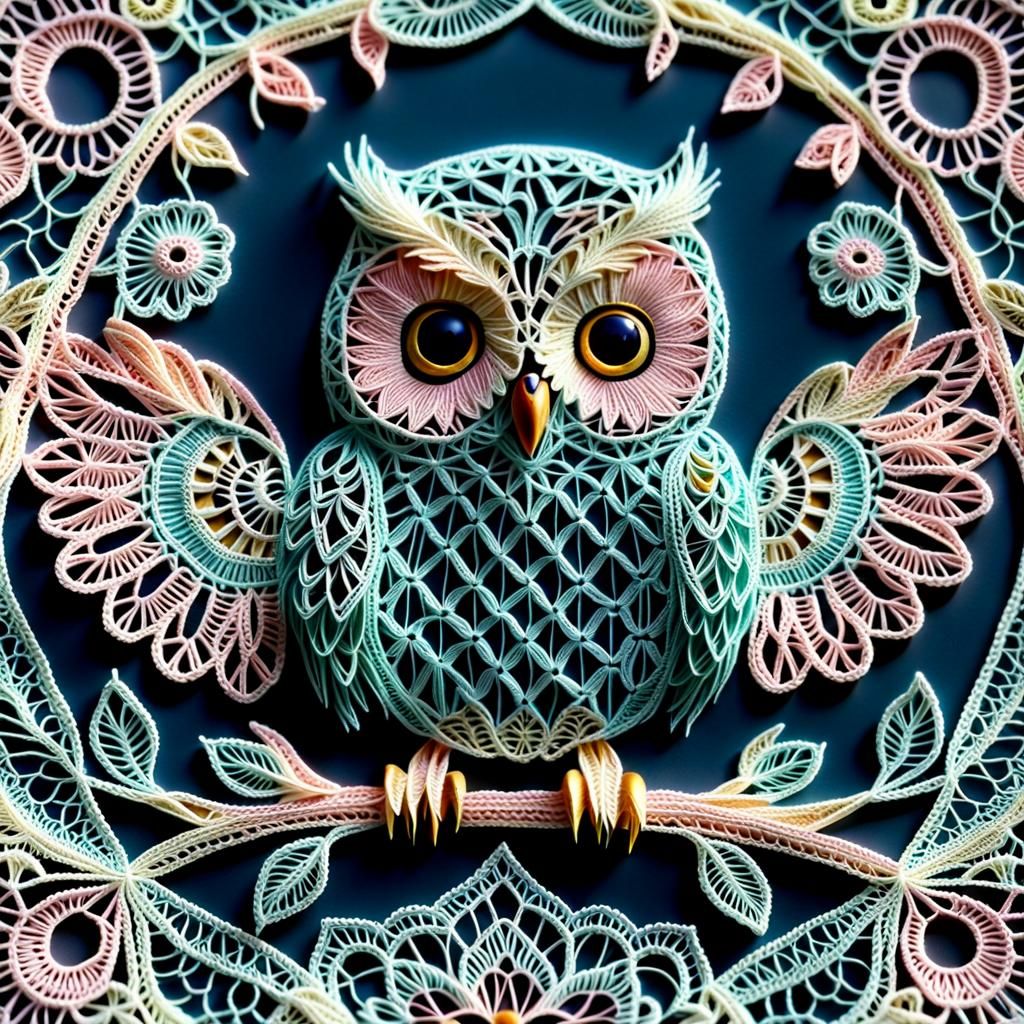 Psychedelic Battenberg Lace Baby Owl Fantasy Art