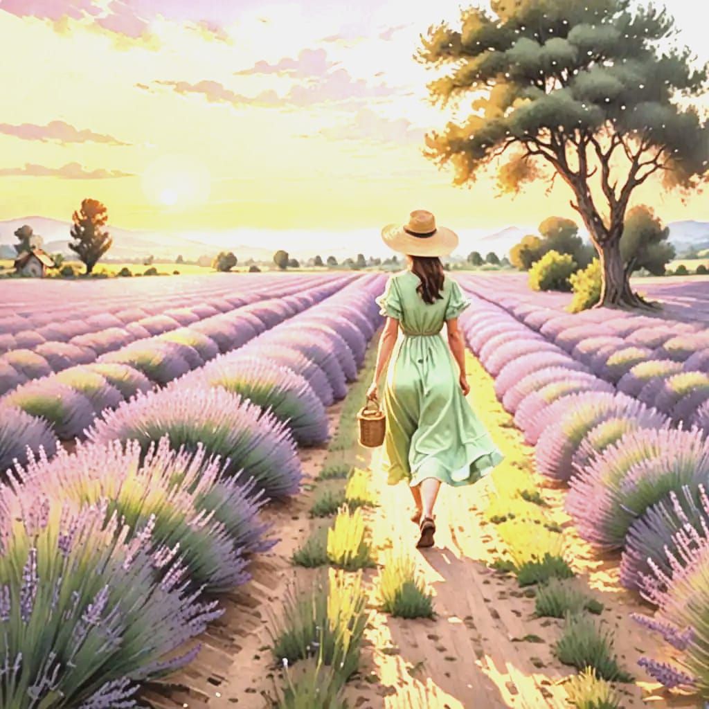 Woman in Lavender Field at Sunset