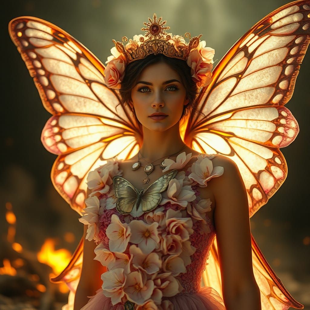 Ethereal Woman of Butterflies and Flowers, Cinematic Portrai...