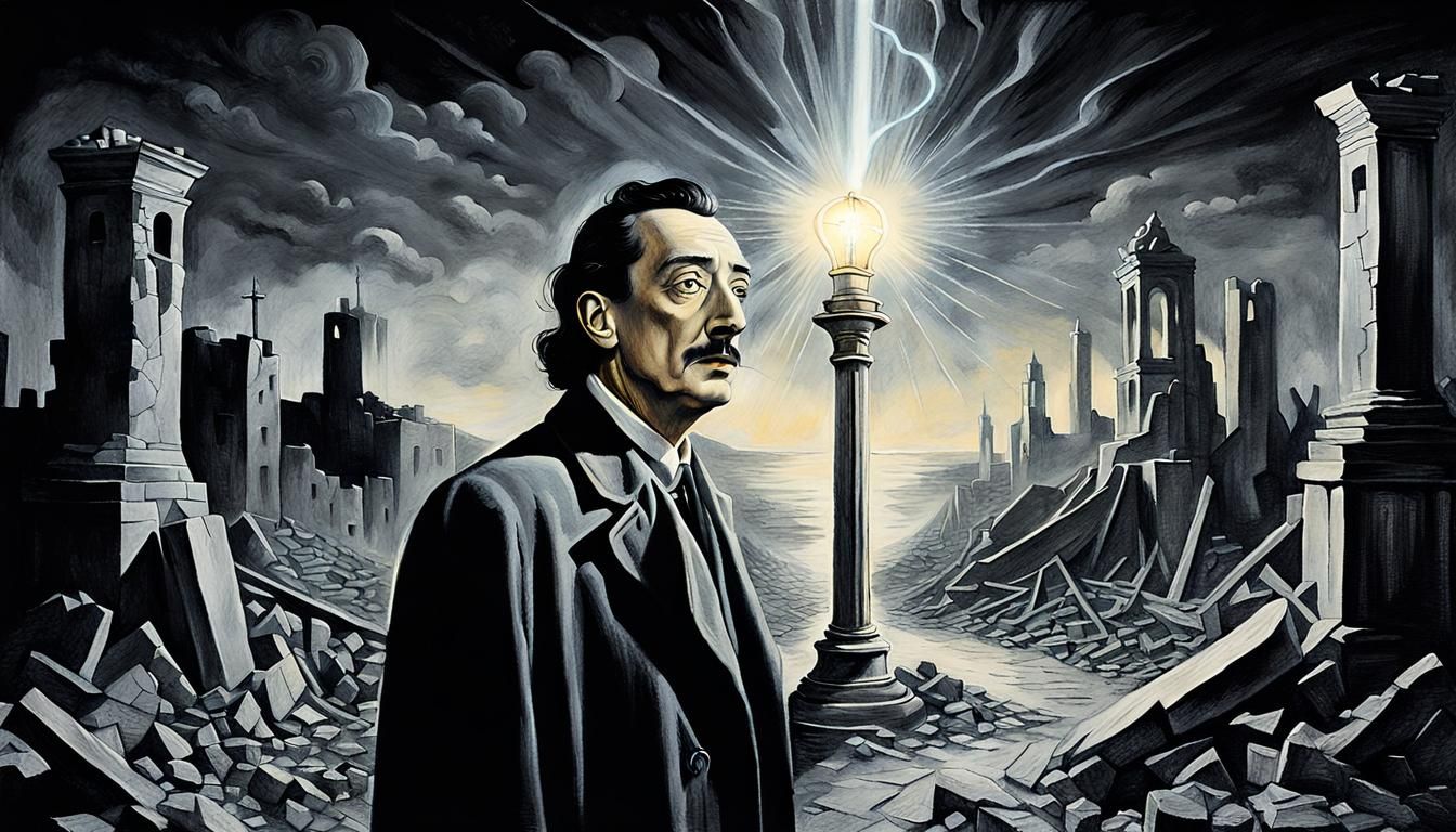 Hero with Glowing Beacon in Surreal Pencil Art