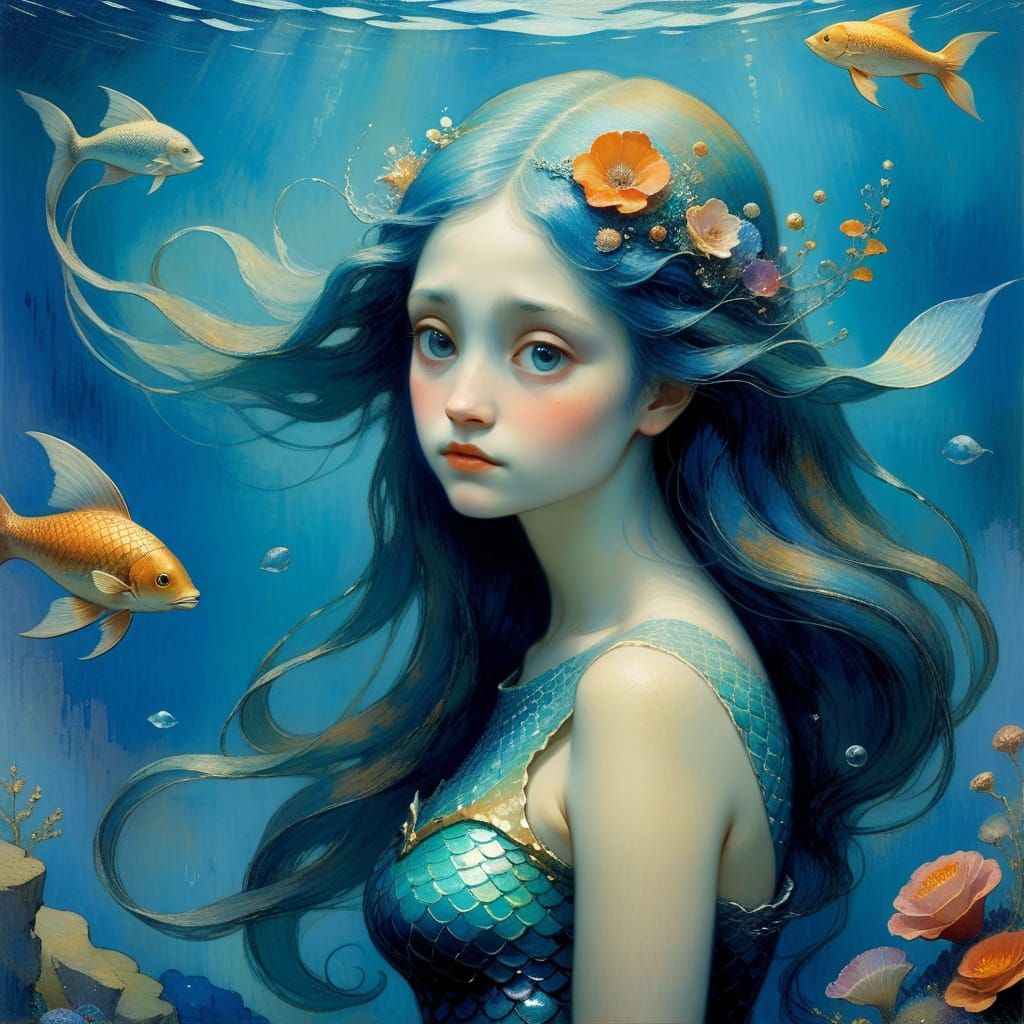 Melancholic Mermaid Portrait in Symbolist Style