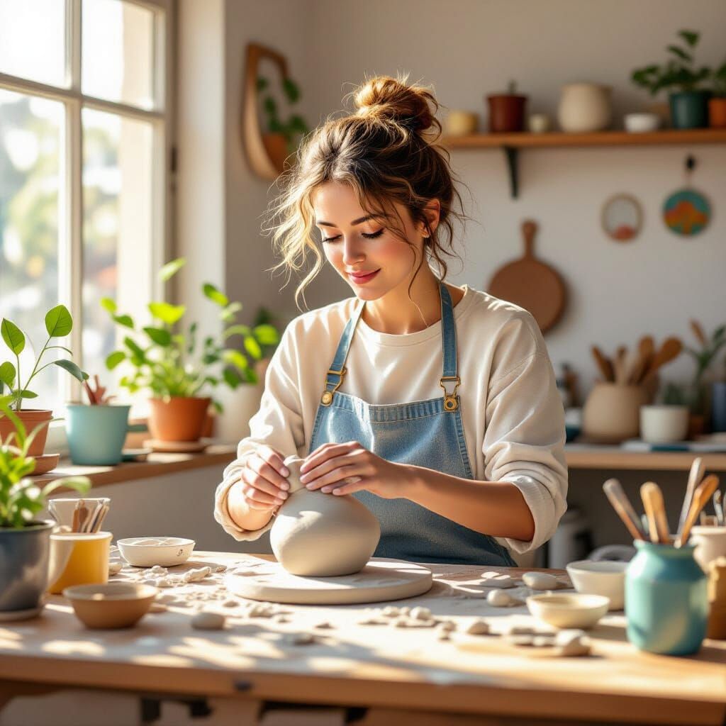Sculpting Clay in a Sunlit Studio: Impressionist Style