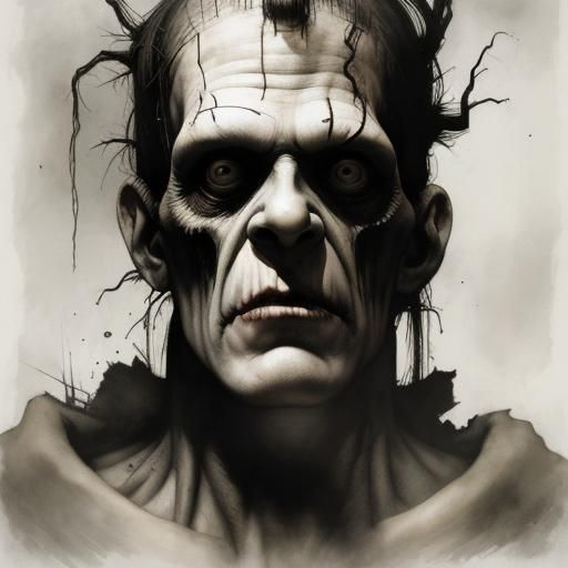 Deformed Frankenstein's Monster in Mixed Media Art
