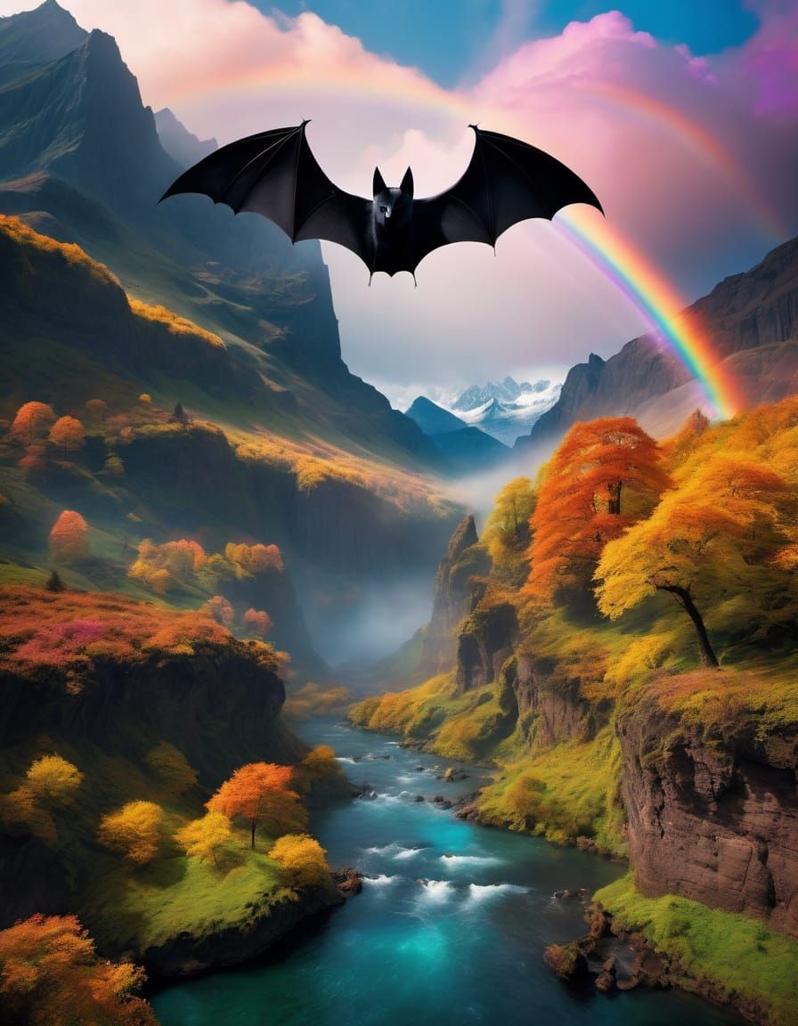 Gothic Being Emerges in Vibrant Rainbow Landscape
