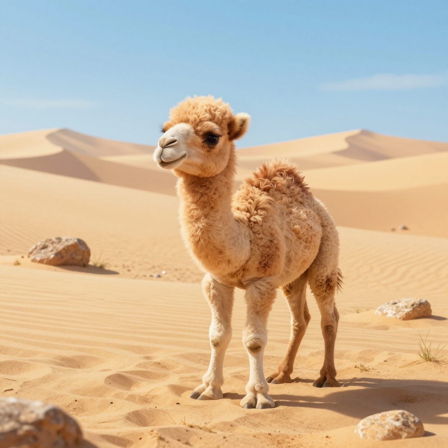 Cute Fluffy Baby Camel in Sunny Desert Landscape