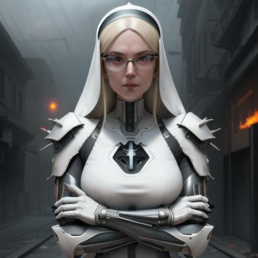 Cyborg Nun in Burning City, Futuristic Sci-Fi Art