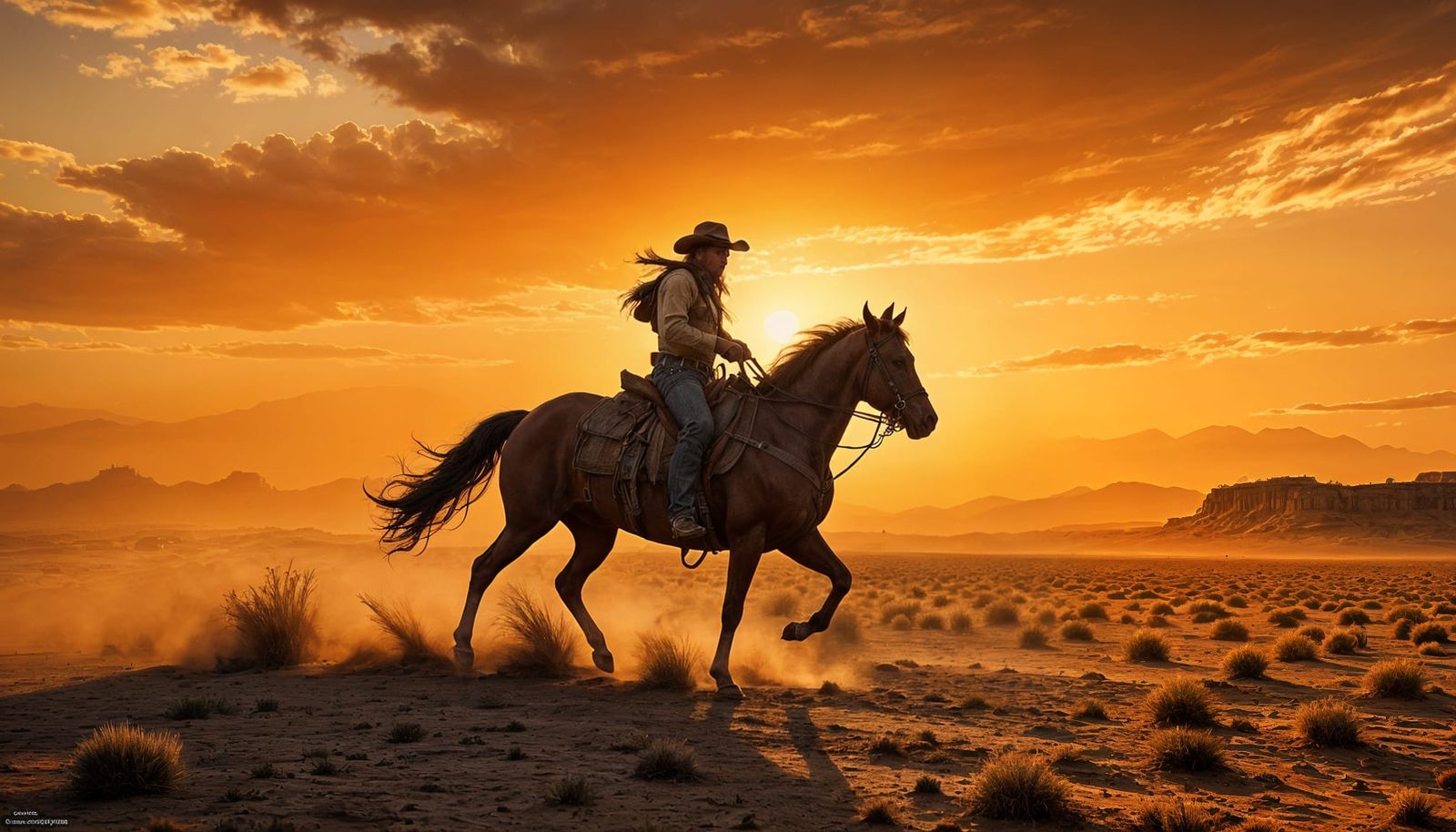 Cowboy Galloping at Vibrant Sunset in Matte Painting Style