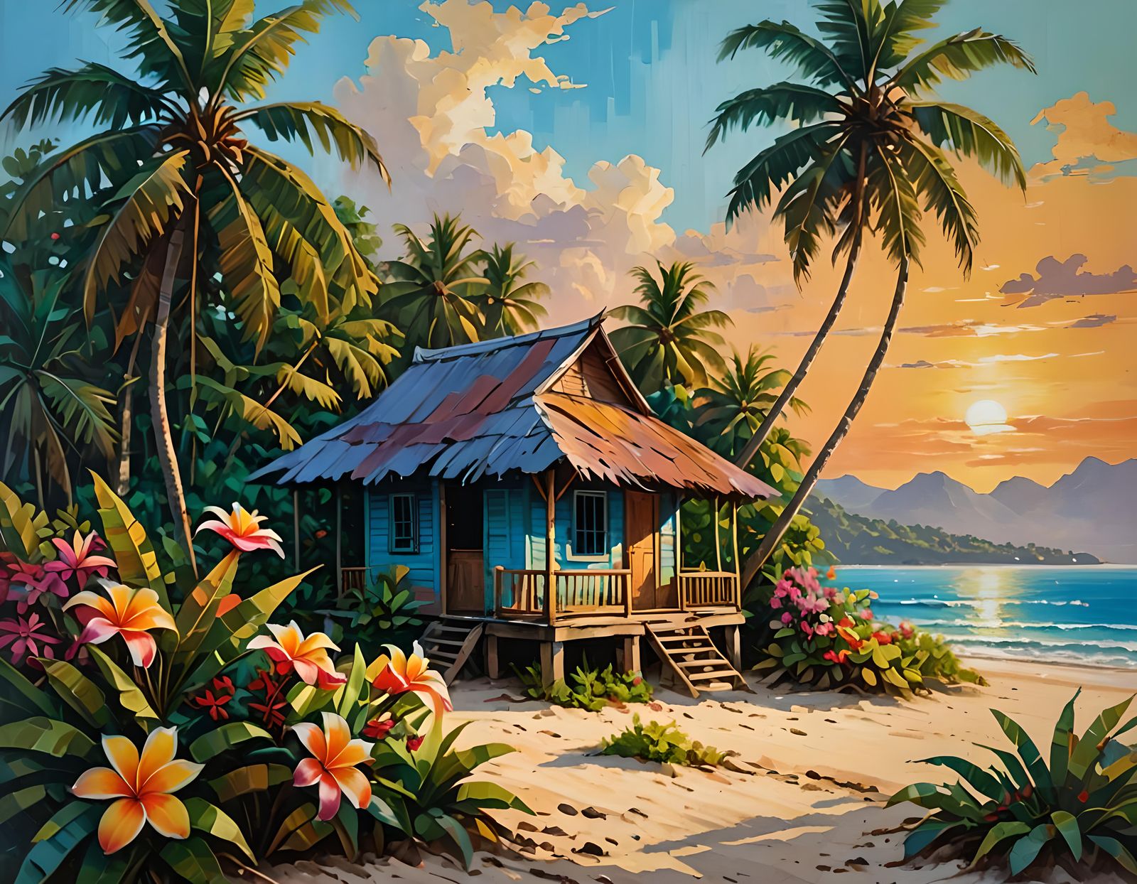 Idyllic Cambodian Beach Shack Oil Painting