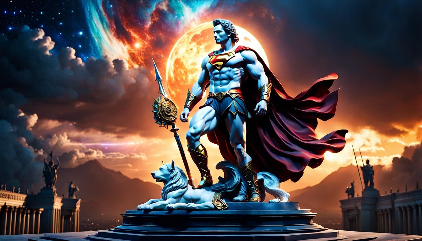 Shirtless Marble Statue with Cosmic Sky Background