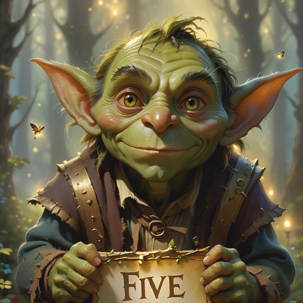 Goblin in Mystical Forest Holding 'Five' Sign