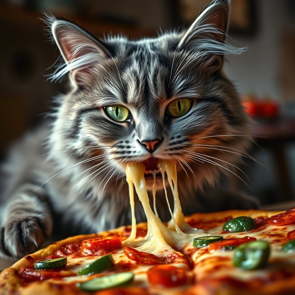 Mysterious Ragamuffin Cat Devours Pizza in Moody Kitchen