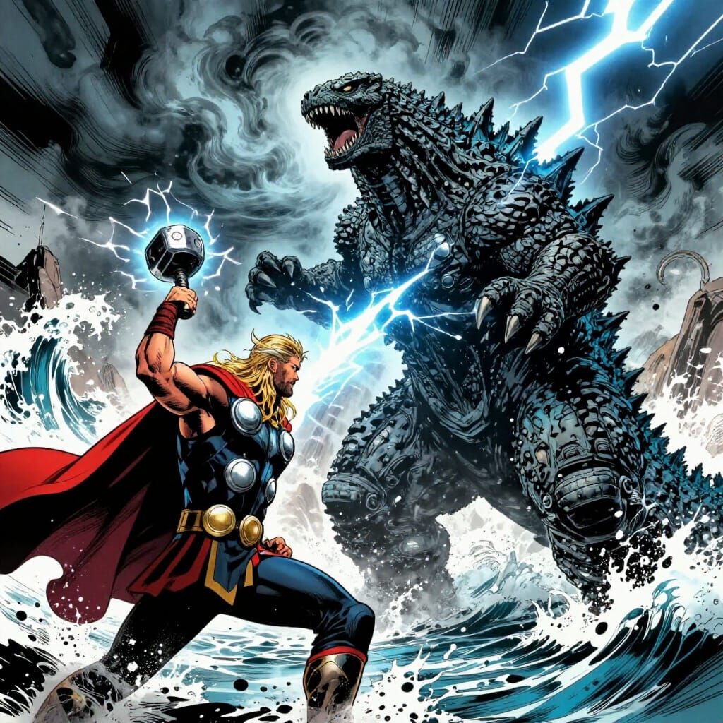 Thor Battles Godzilla in Epic Comic Book Style Clash