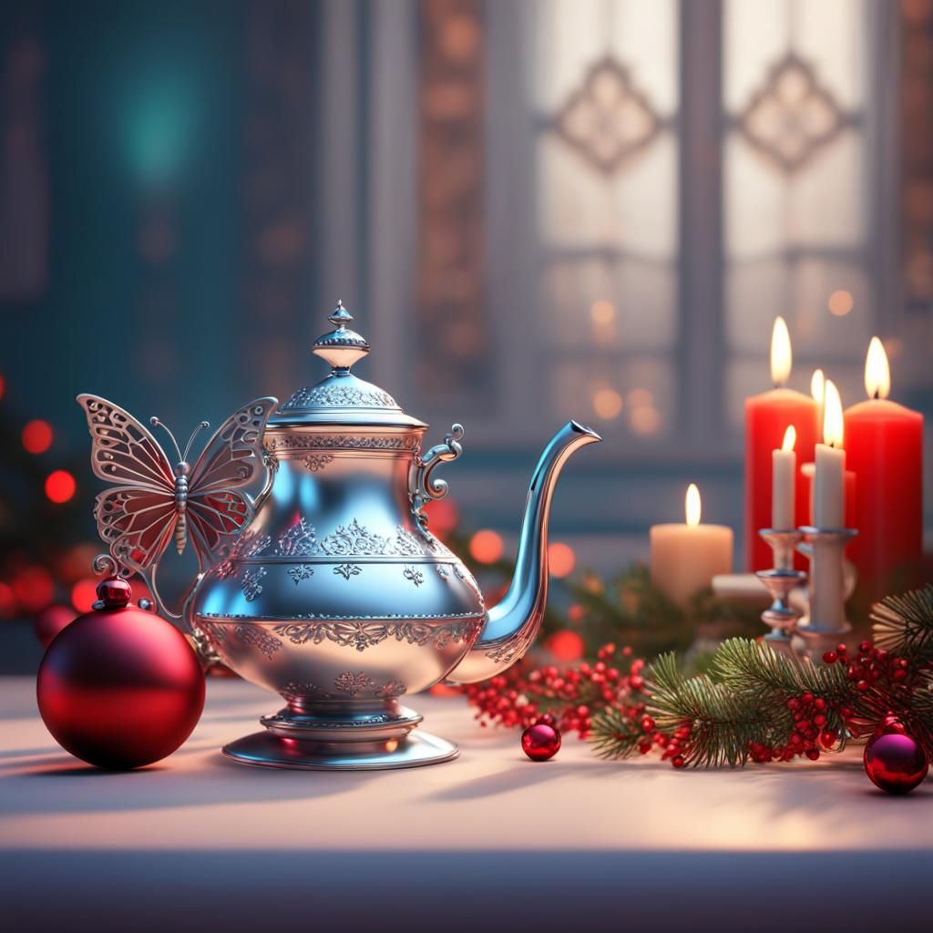 Christmas Butterfly with Teapot in Pixar Style