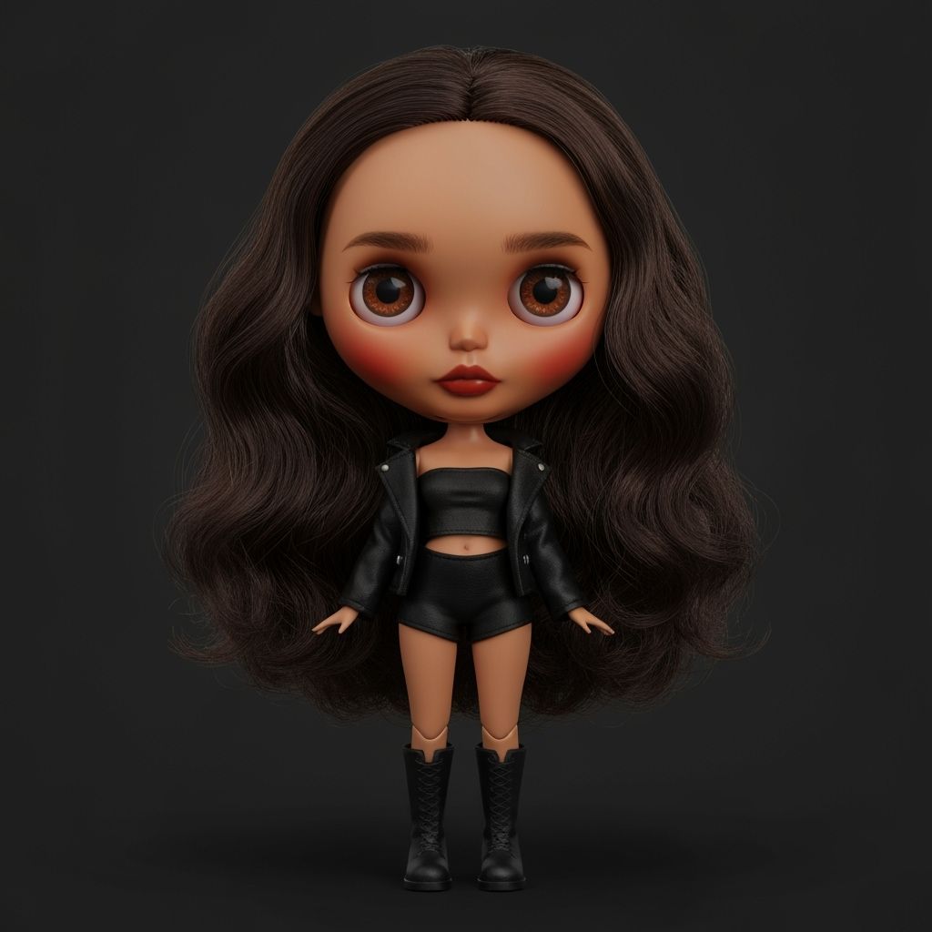 Mini Blythe Doll in Chic Black Outfit, Detailed Matte Painti...